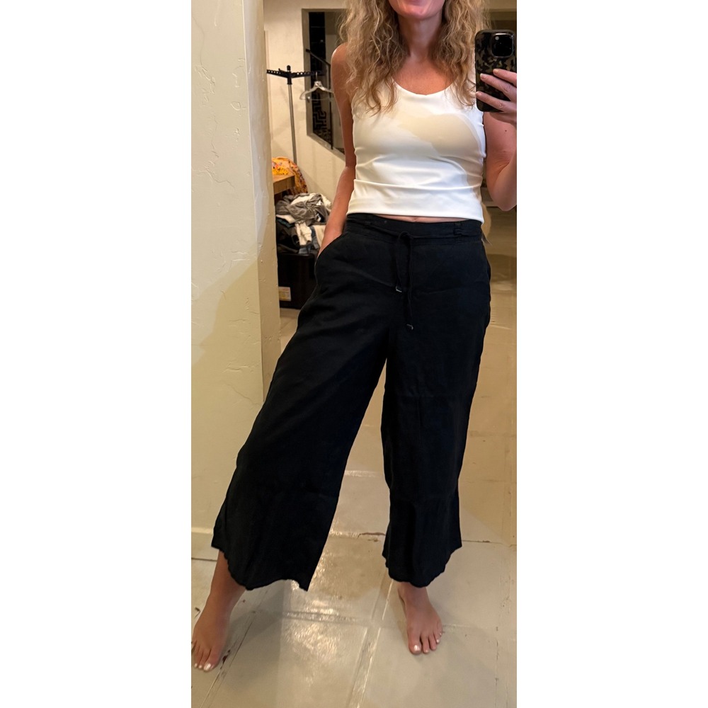 Black 100% Linen Wide Leg Crop Minimalist Pull On Halston S/M